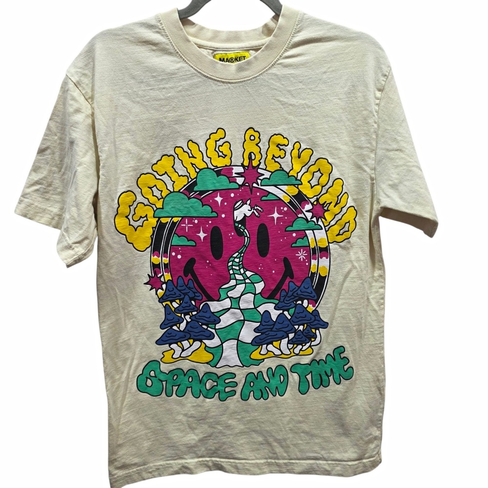 Market Smiley Going Beyond Space Time Shirt Medium Cream Psychedelic Graphic Tee